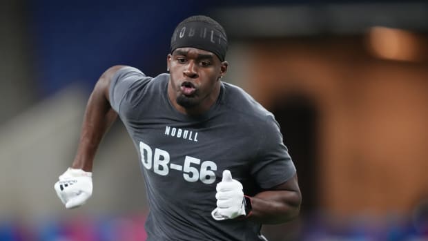Mar 3, 2023; Indianapolis, IN, USA; Houston defensive back Gervarrius Owens (DB56) participates in drills at Lucas Oil Stadium.